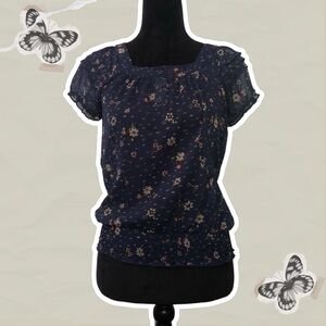 Mossimo Women’s Size S Navy Blue Floral Print Semi Sheer Cottagecore Blouse